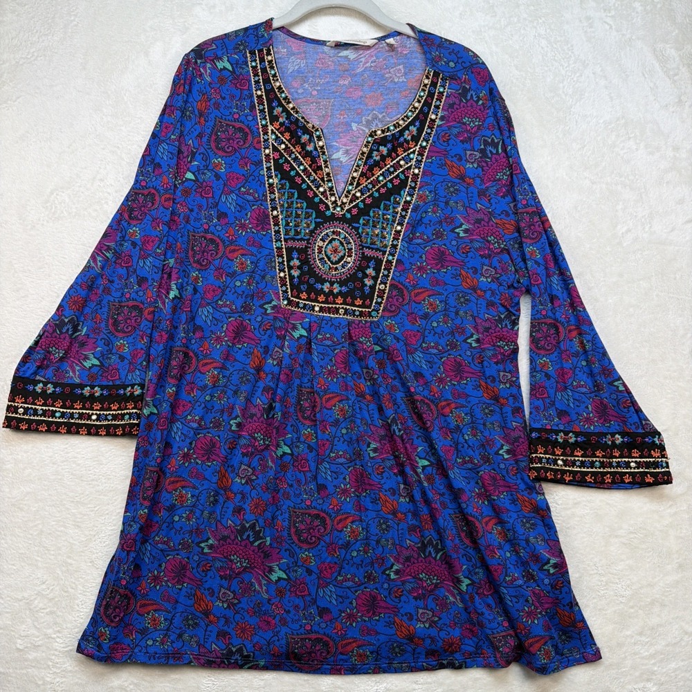 Boho Embroidered Beaded Tunic‎ Top Floral Festival Soft Surroundings L Peasant
